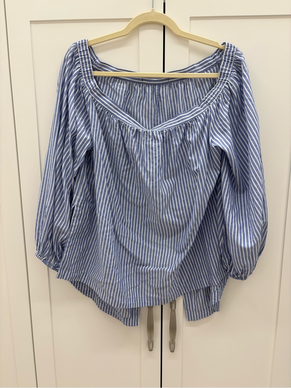 Blue and White Striped Off-Shoulder Top With open back.